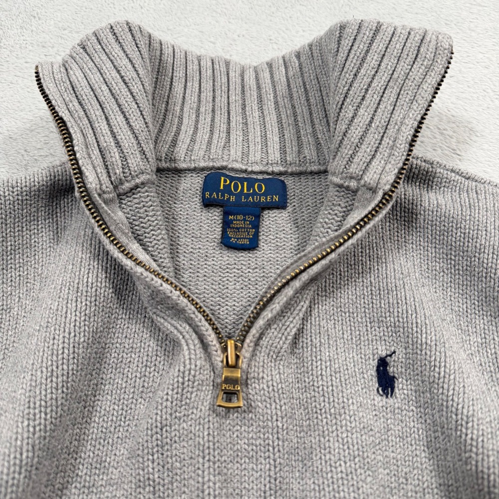 Polo Ralph Lauren Quarter Zip Sweater Boys M 10-12 Gray Cotton Ribbed  Preppy - Picture 3 of 7